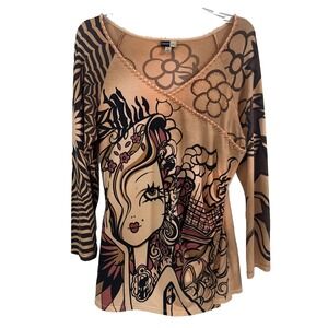 BaMBooco Women's Top Size L Artsy Art to Wear Mixed Print Beaded Pima Cotton